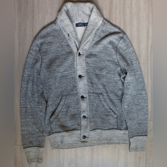 Polo Ralph Lauren Shawl Collar Cardigan Mens Medium Gray Heavy Knit Button  Up